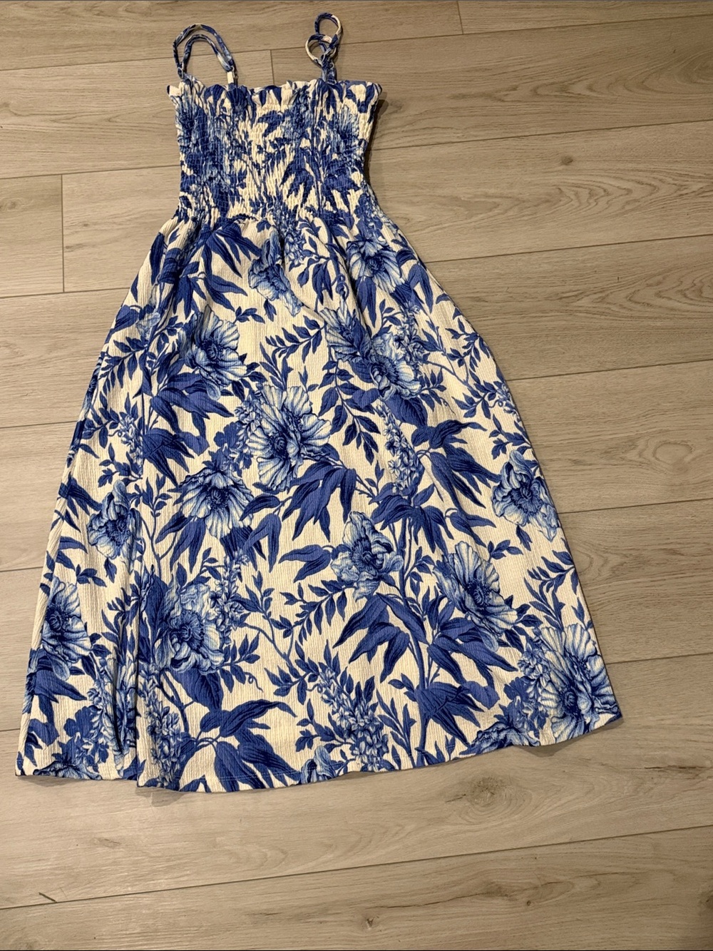 H&M Cream and Blue Floral Smocked Midi Dress